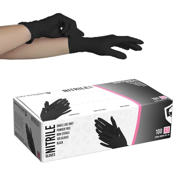 Defender Safety DSG-BNS-01, Nitrile Disposable Gloves, 4 Mil Palm, Nitrile, Powder-Free, S, 100 PK, Black DSG-BNS-01-S